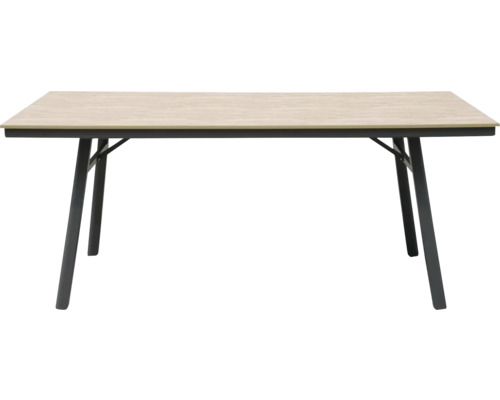 Table rectangulaire avec plateau en aspect bois clair et piètement en métal noir.