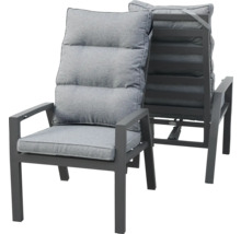 Chaise de jardin avec structure en métal gris et coussin gris épais pour terrasse et jardin.