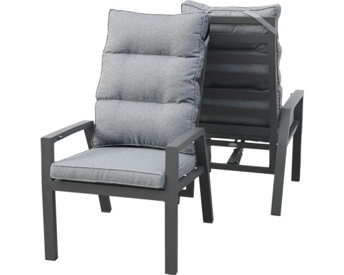 Chaise de jardin avec structure en métal gris et coussin gris épais pour terrasse et jardin.