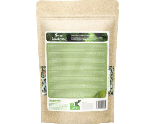 Heu-Heinrich Grüner Knabbermix Ergänzungsfuttermittel für Kaninchen, 250 Gramm Packung mit Inhaltsstoffen und Heu-Heinrich Logo.