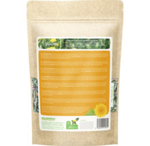 Heu-Heinrich Vitalmix Ergänzungsfuttermittel für Kaninchen und Nager, 200 Gramm, Rückansicht der Verpackung mit Inhaltsstoffen und Hinweisen.