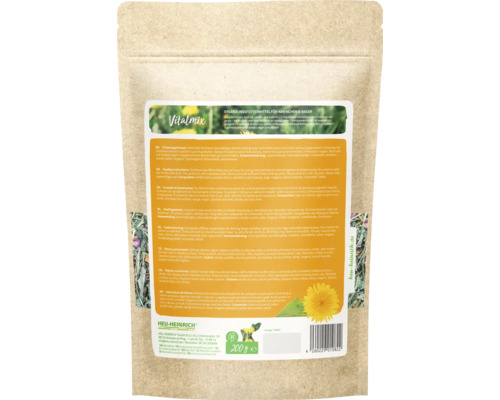 Heu-Heinrich Vitalmix Ergänzungsfuttermittel für Kaninchen und Nager, 200 Gramm, Rückansicht der Verpackung mit Inhaltsstoffen und Hinweisen.