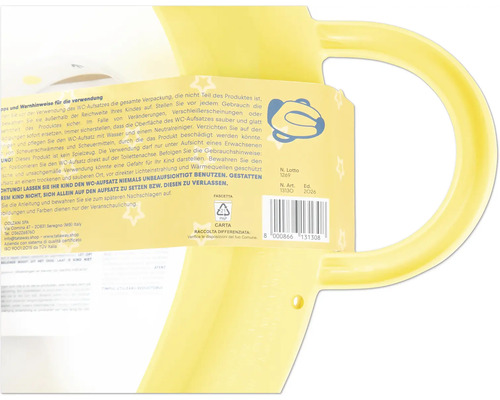 Réducteur de toilette jaune en plastique avec étiquette de consignes de sécurité et code-barres.