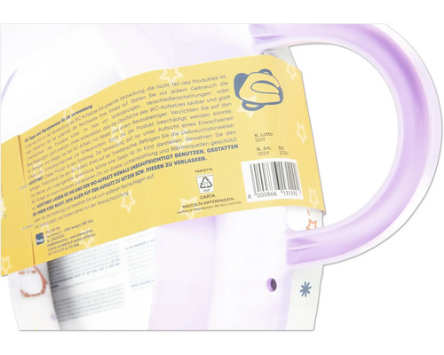 Étiquette avec consignes de sécurité et code-barres sur un réducteur de toilette en plastique.