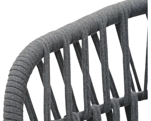 Détail du dossier avec tressage en corde sur une structure en métal.