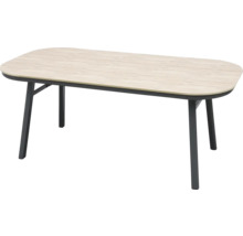 Table de jardin ovale avec un plateau à l'aspect bois clair et une structure stable en métal foncé.