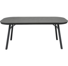Table de jardin ovale moderne avec un plateau sombre aspect bois et quatre pieds fuselés sombres.