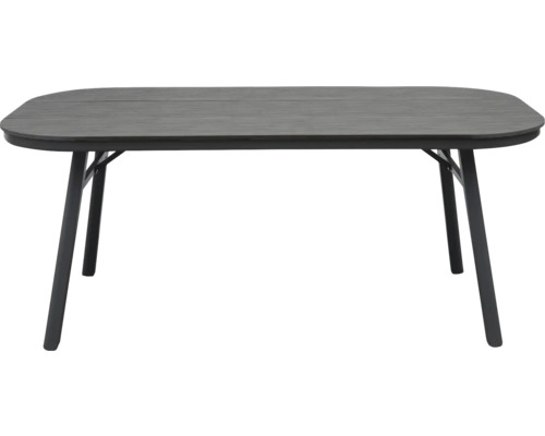 Table de jardin ovale moderne avec un plateau sombre aspect bois et quatre pieds fuselés sombres.