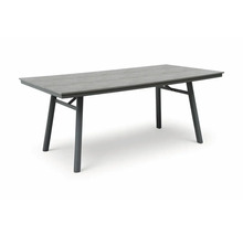 Table de jardin rectangulaire avec structure en aluminium anthracite et plateau gris aspect bois.