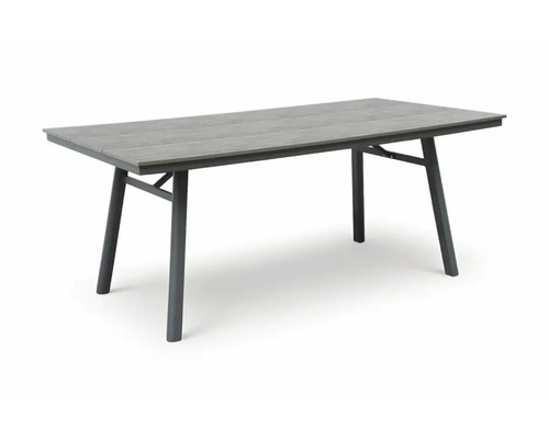 Table de jardin rectangulaire avec structure en aluminium anthracite et plateau gris aspect bois.
