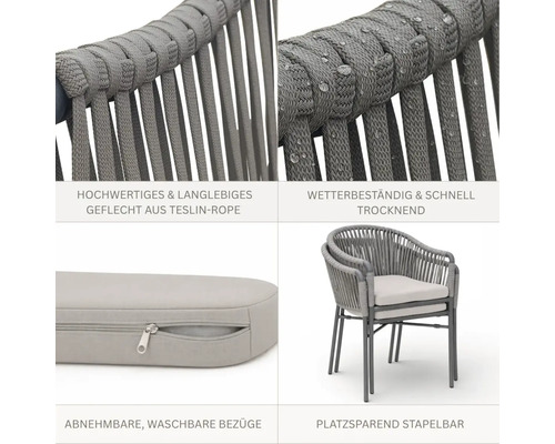 Chaise de jardin en corde Teslin tressée, résistante aux intempéries, empilable, avec housse de coussin amovible et lavable.