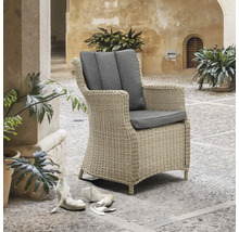 Fauteuil de jardin tressé avec coussins d'assise et de dossier gris sur une terrasse pavée, entouré de plantes.