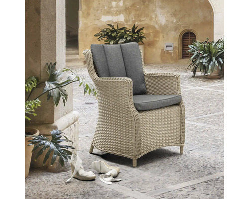 Fauteuil de jardin tressé avec coussins d'assise et de dossier gris sur une terrasse pavée, entouré de plantes.