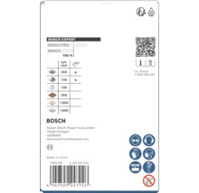Verso de l emballage Bosch Expert avec tableau des tours par minute par matériau, symboles de sécurité, instructions de recyclage et Bosch Logo.