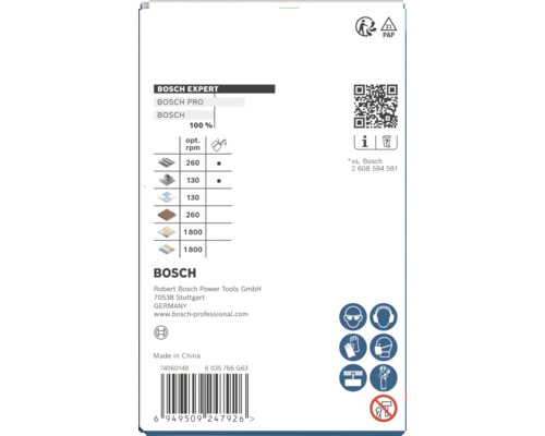 Verso de l emballage Bosch Expert avec tableau des tours par minute par matériau, symboles de sécurité, instructions de recyclage et Bosch Logo.