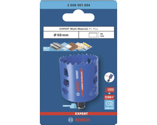 Scie-cloche Bosch Expert Multi Material Power Change Plus, diamètre 68 millimètres, longueur utile 60 millimètres, technologie Carbide et Bosch Logo.