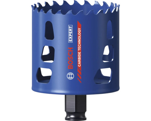 Scie-cloche bleue Bosch Expert avec Carbide Technology, queue hexagonale et fentes d'évacuation pour matériaux durs.