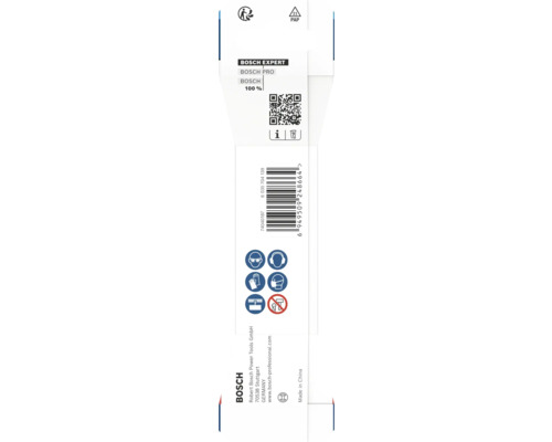 Emballage Bosch Expert verso avec code-barres, code QR, symboles de sécurité pour protections individuelles, Bosch Logo et informations de recyclage.