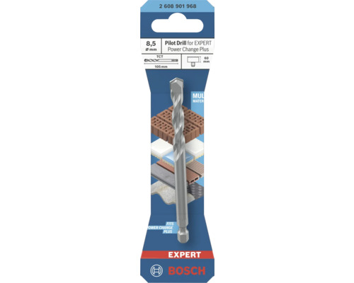 Foret de centrage Bosch Expert pour Power Change Plus, diamètre 8,5 millimètres, longueur 105 millimètres, carbure pour divers matériaux.