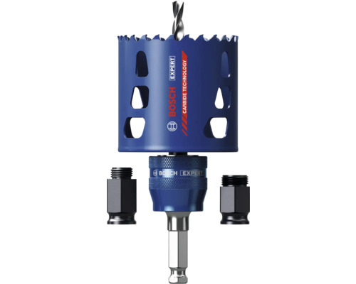 Scie-cloche bleue Bosch Expert avec technologie carbure, foret de centrage et adaptateurs. Bosch Logo.