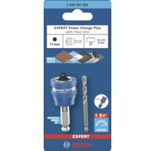 Adaptateur Bosch Expert Power Change Plus avec emmanchement hexagonal de 11 millimètres et foret de centrage pour scies-trépans 14 à 210 millimètres.