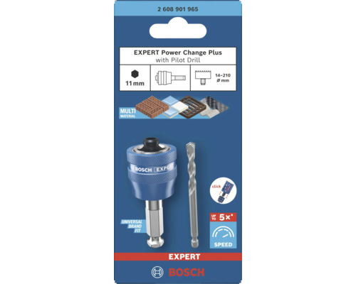 Adaptateur Bosch Expert Power Change Plus avec emmanchement hexagonal de 11 millimètres et foret de centrage pour scies-trépans 14 à 210 millimètres.