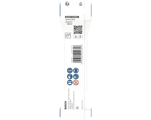 Verso d'un emballage Bosch avec symboles de sécurité pour la protection des yeux, des oreilles, des mains et des voies respiratoires, code QR et Bosch Logo.