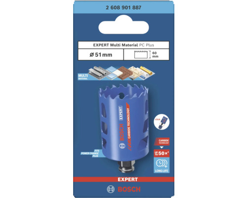 Scie-cloche Bosch EXPERT Multi Material PC Plus, diamètre 51 millimètres, profondeur 60 millimètres, multi-matériaux, carbure. Bosch Logo.