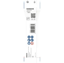 Dos de l'emballage Bosch avec code QR, code-barres, symboles de sécurité pour lunettes, protection auditive, gants, masque et Bosch Logo.