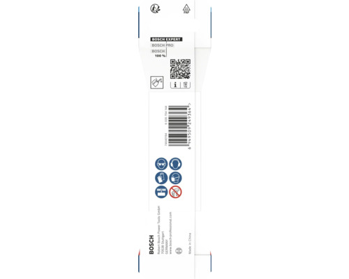 Dos de l'emballage Bosch avec code QR, code-barres, symboles de sécurité pour lunettes, protection auditive, gants, masque et Bosch Logo.