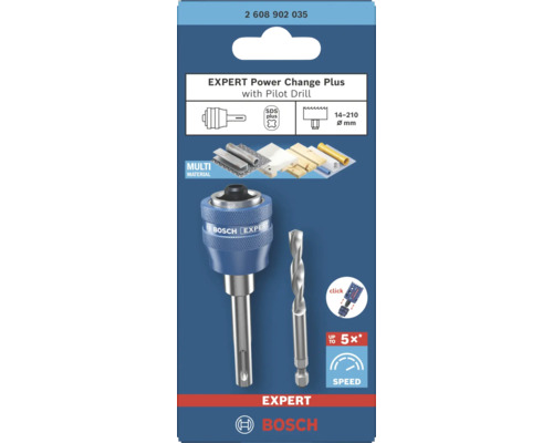 Adaptateur Bosch EXPERT Power Change Plus avec foret de centrage pour scies-cloches, emmanchement SDS plus, pour diamètres 14 à 210 mm