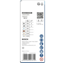 Verso d'un emballage de produit Bosch avec tableau des matériaux, régime optimal en tours par minute, symboles de sécurité et Bosch Logo.