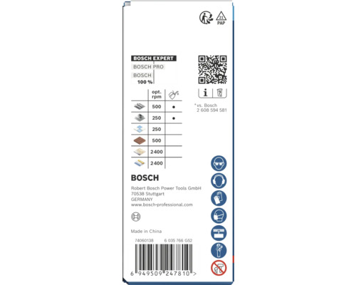 Verso d'un emballage de produit Bosch avec tableau des matériaux, régime optimal en tours par minute, symboles de sécurité et Bosch Logo.