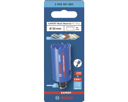 Scie-cloche Bosch Expert Multi Material PC Plus, diamètre 35 millimètres, longueur utile 60 millimètres, technologie Carbide, Bosch Logo.