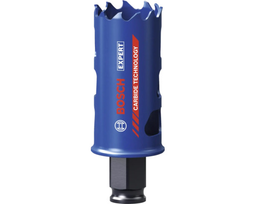 Scie-cloche bleue Bosch Expert avec Carbide Technology, tige hexagonale et fentes d'évacuation latérale.