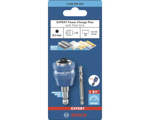 Adaptateur Bosch Expert Power Change Plus avec foret de centrage pour scies-cloches de 14 à 210 millimètres, tige hexagonale 8,7 millimètres.
