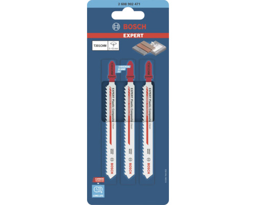Bosch Logo, lame de scie sauteuse Expert T301CHM pour composites plastiques, 3 pièces, Carbide Technology, longue durée, 6 à 65 millimètres.