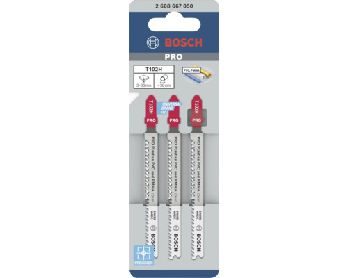 Lames de scie sauteuse Bosch Professional T102H pour coupes nettes dans le PVC et le PMMA, épaisseurs de 3 à 30 millimètres, lot de 3.