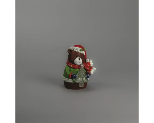 Figurine de décoration de Noël ours avec bonnet de Noël, écharpe et sapin.