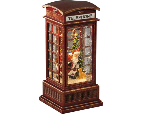 Weihnachts-Wasserlaterne in Form einer Telefonzelle mit Weihnachtsmann, Weihnachtsbaum und Hund, beleuchtet mit Glitzereffekt.