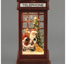 Weihnachtsdekoration in Form einer englischen Telefonzelle mit beleuchteter Weihnachtsmann-Szene, Weihnachtsbaum und Glitzereffekt.