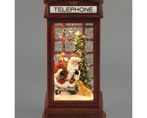 Weihnachtsdekoration in Form einer englischen Telefonzelle mit beleuchteter Weihnachtsmann-Szene, Weihnachtsbaum und Glitzereffekt.