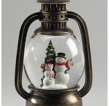 Dekorationslaterne in Bronze-Optik mit Schneekugel, zwei Schneemännern und einem Tannenbaum.