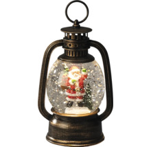 Schneekugel-Laterne mit Weihnachtsmann, Tannenbaum und Glitzer, Gehäuse in Bronze-Optik mit rundem Tragegriff.