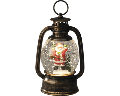 Schneekugel-Laterne mit Weihnachtsmann, Tannenbaum und Glitzer, Gehäuse in Bronze-Optik mit rundem Tragegriff.