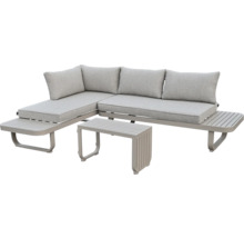 Salon de jardin moderne en aluminium en forme de L avec coussins gris clair, comprenant un canapé d'angle avec tables d'appoint intégrées et une table basse.