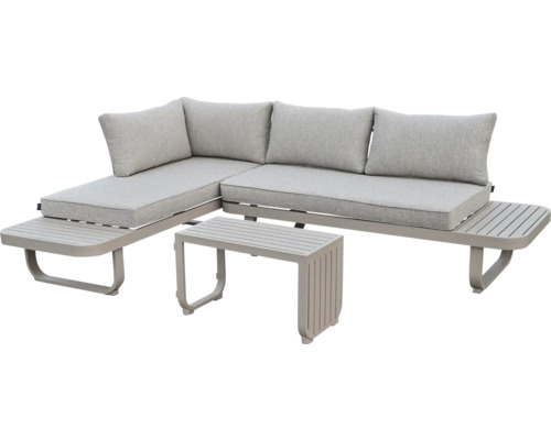 Salon de jardin moderne en aluminium en forme de L avec coussins gris clair, comprenant un canapé d'angle avec tables d'appoint intégrées et une table basse.