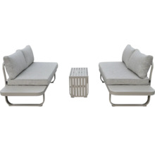 Salon de jardin moderne composé de deux banquettes avec tables d'appoint intégrées et une table basse, structure en métal, coussins gris.