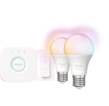 Philips Hue Starter Kit mit zwei E27 LED Leuchtmitteln, Bridge und Dimmschalter für smarte Beleuchtung.
