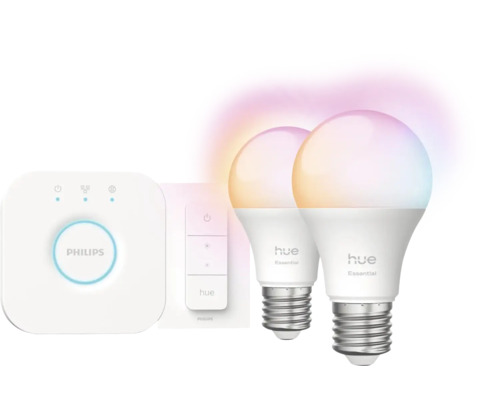 Philips Hue Starter Kit mit zwei E27 LED Leuchtmitteln, Bridge und Dimmschalter für smarte Beleuchtung.